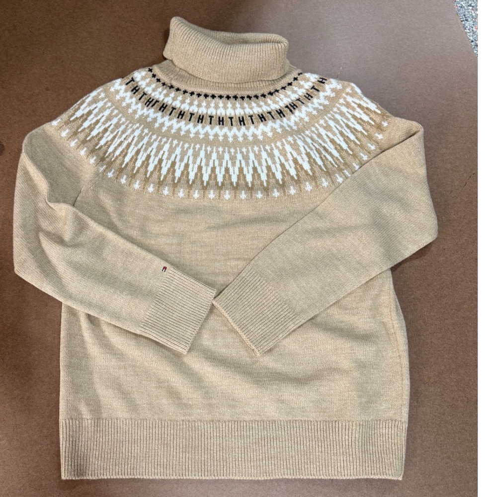 Tommy Hilfiger Womens XL Tan Fair Isle Turtleneck Sweater TH Monogram New